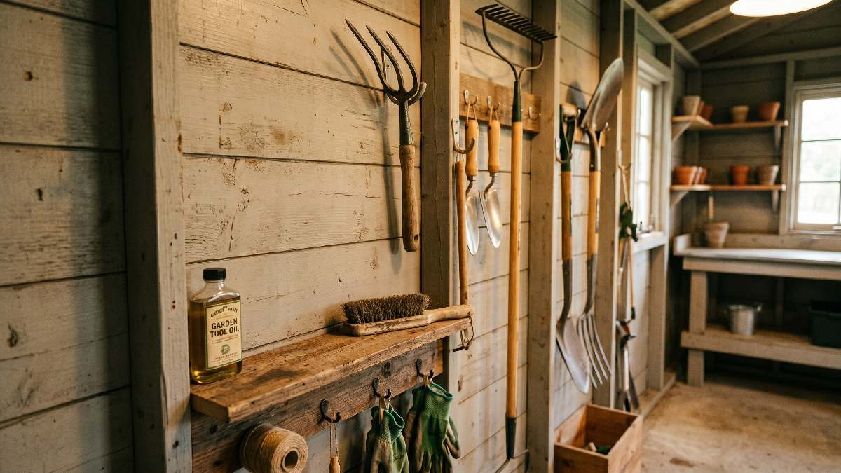 Long handle garden cultivator hanging on shed wall hook beside oil bottle and wire brush for proper maintenance and dry storage. 