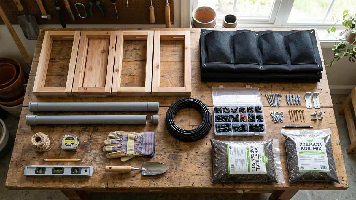 Wooden frame fabric pockets drainage pipes and soil bags showing materials required to build a vertical garden wall.
