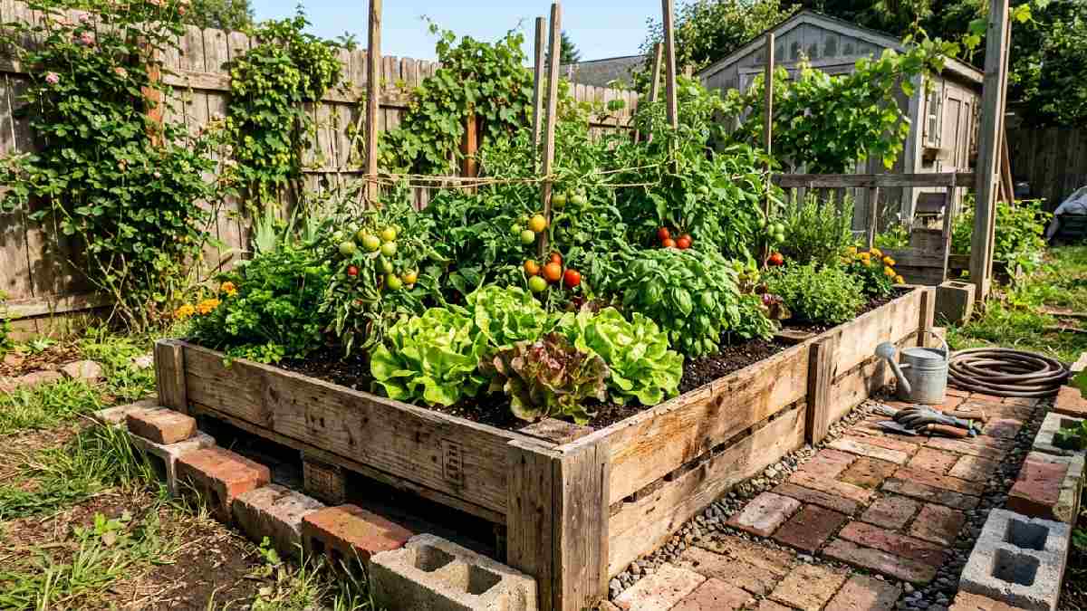 DIY raised garden bed built with recycled wood pallets and cedar boards filled with vegetables showing budget money-saving gardening tips. 