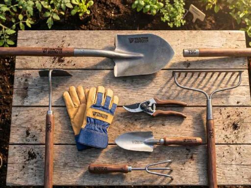 Tractor Supply gardening tools including shovel rake hoe pruning shears and gloves arranged for every gardening task and gardener.