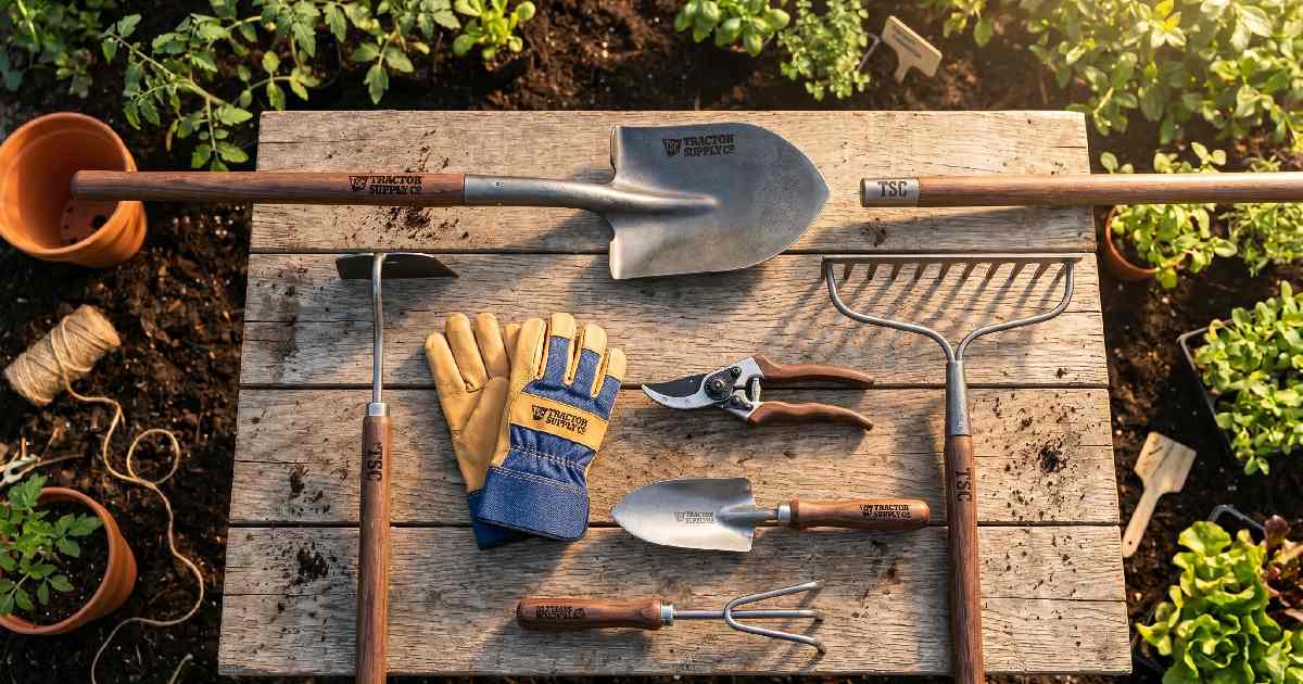 Tractor Supply gardening tools including shovel rake hoe pruning shears and gloves arranged for every gardening task and gardener.