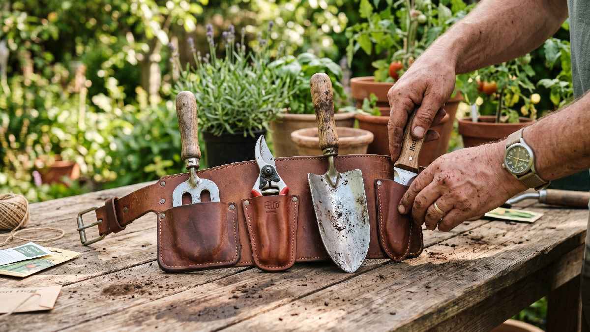 Gardener organizing trowel pruning shears and hand fork into tool belt pockets showing how to organize a gardening tool belt effectively.