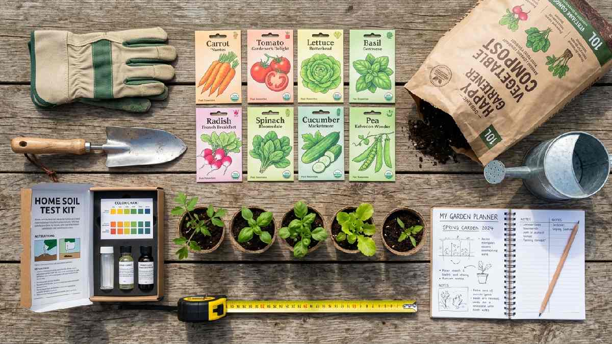 Essential items needed before starting a home vegetable garden including seeds seedlings compost trowel gloves watering can and soil test kit.