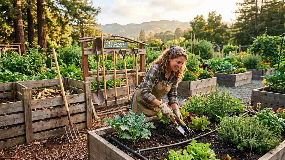 Gardener using eco-friendly tools beside compost bin and drip irrigation representing sustainable gardening tools and eco practices in Marin County.