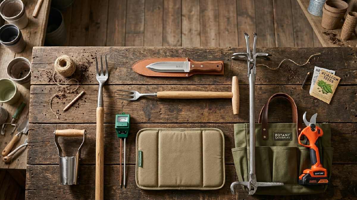Optional gardening tools worth having including hori hori knife stand-up weeder soil pH meter bulb planter and electric pruning shears displayed together.