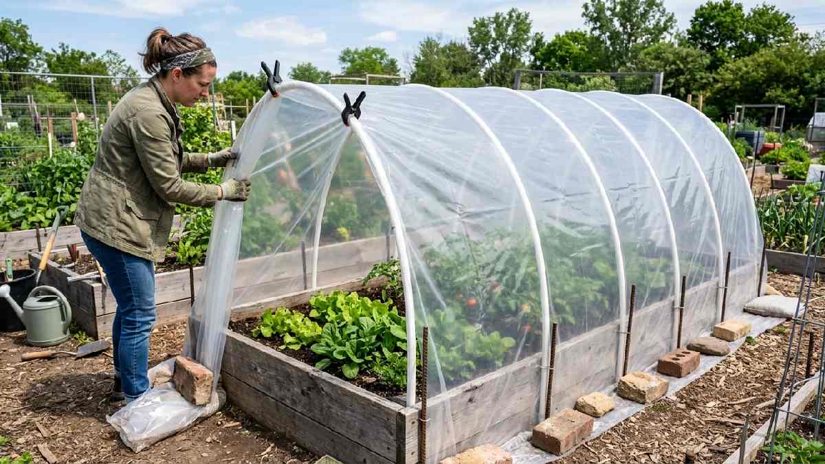 DIY PVC pipe hoop greenhouse over raised garden bed with clear plastic sheeting covering arched PVC pipes anchored with rebar stakes.