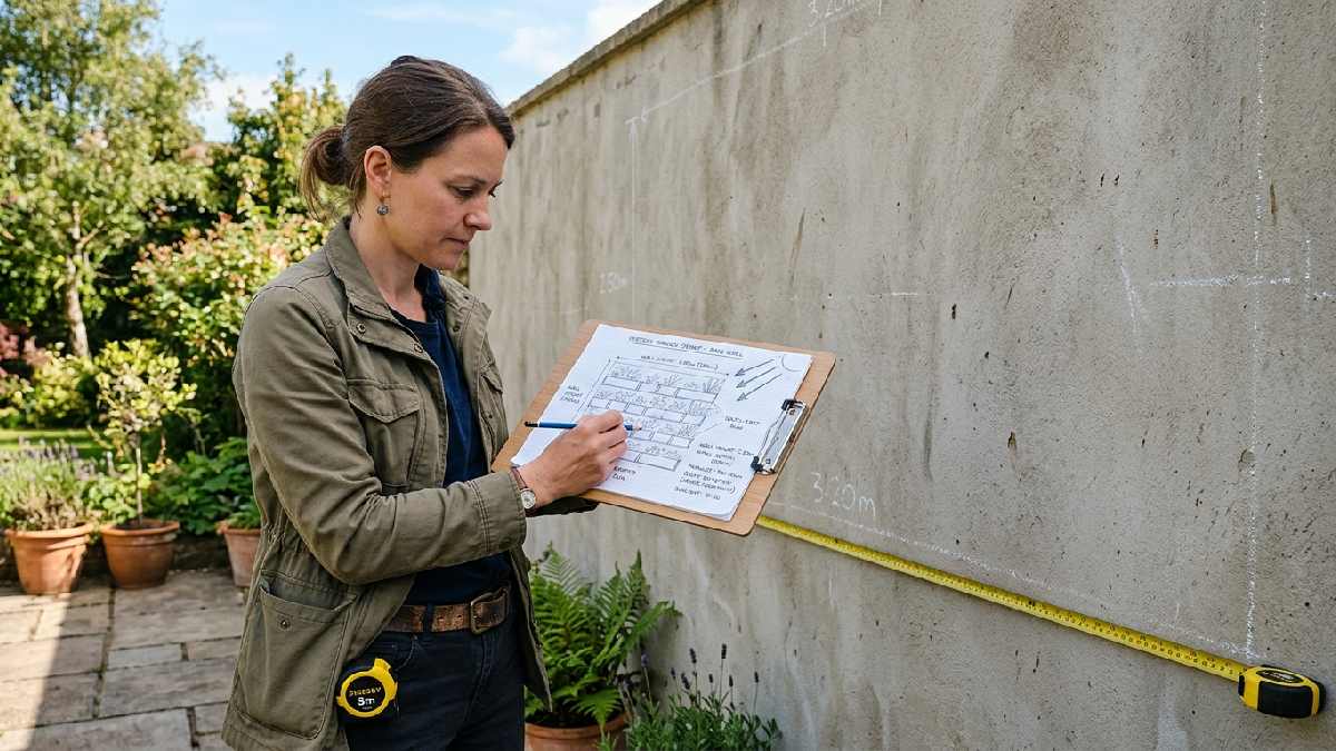 Person planning vertical garden wall layout with measuring tape and sketch showing design and sunlight planning process.