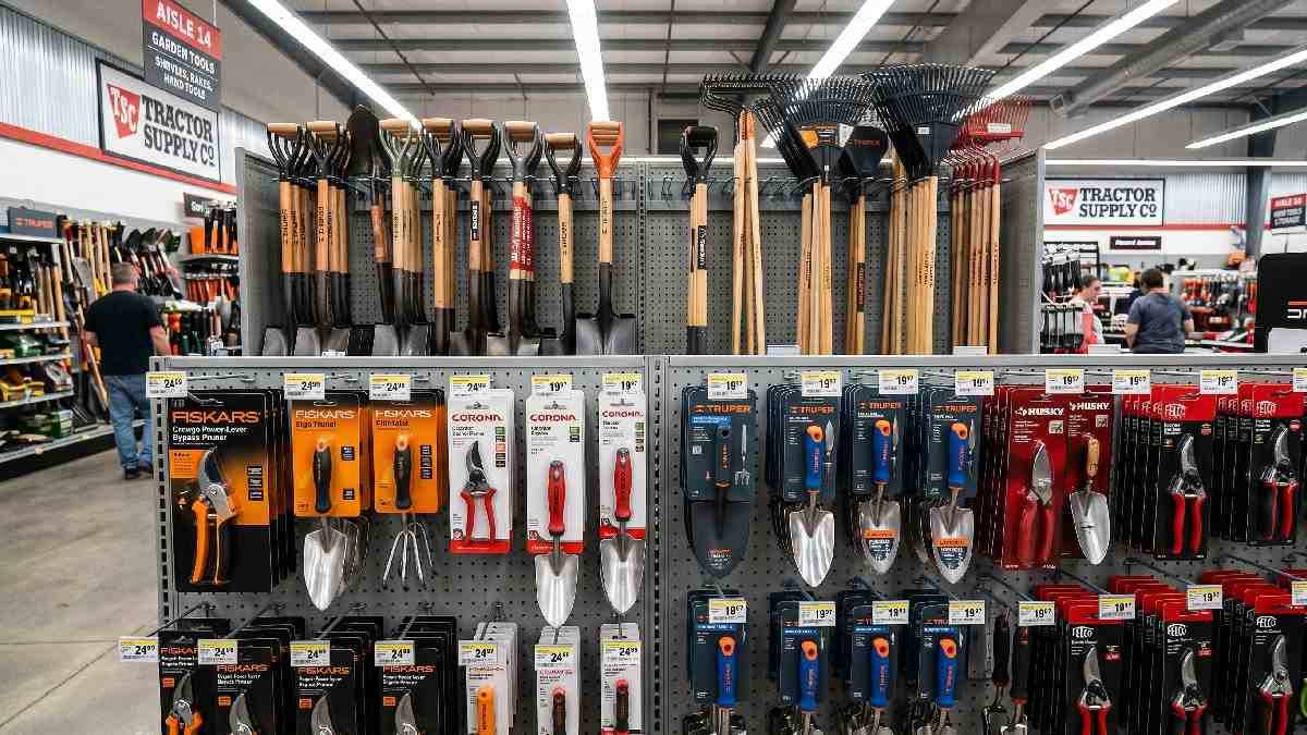 Multiple gardening tool brands displayed on Tractor Supply store shelves showing popular trusted brands for casual and serious gardeners.