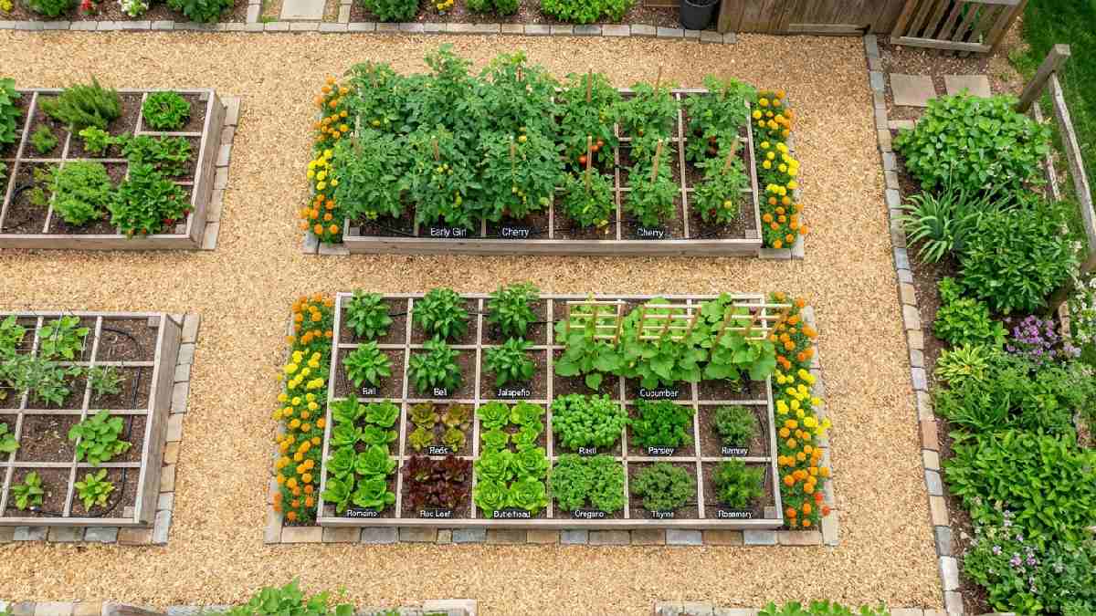 Beginner raised bed garden layout showing 4x8 foot beds with tomatoes peppers cucumbers lettuce herbs marigolds and clear pathways between sections.