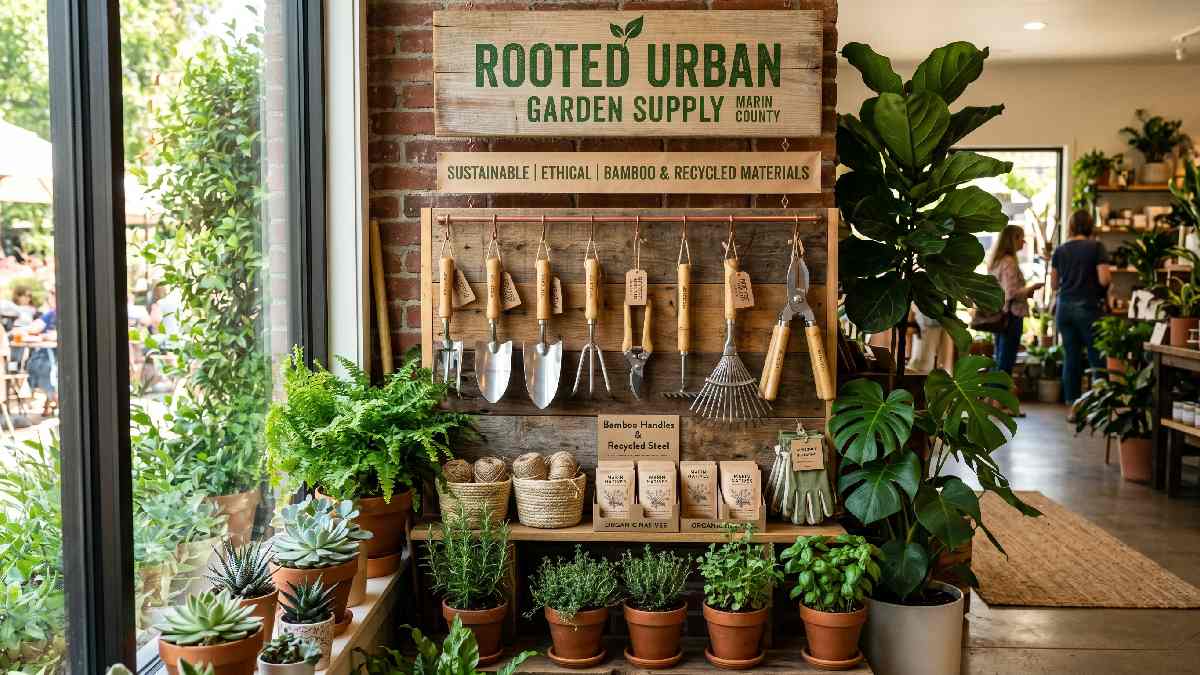 Eco-friendly urban garden store displaying sustainable curated tools representing Rooted Urban approach to gardening tools in Marin County community.