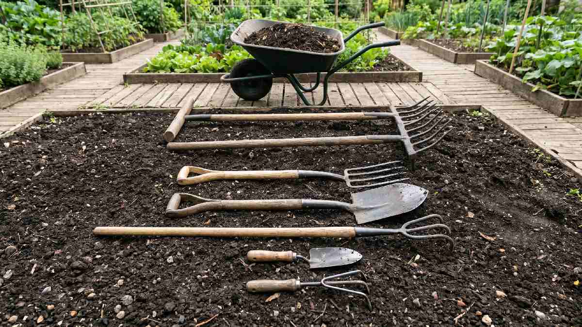 Essential soil preparation tools including garden fork spade cultivator rake trowel and broadfork arranged on dark soil for a successful garden.