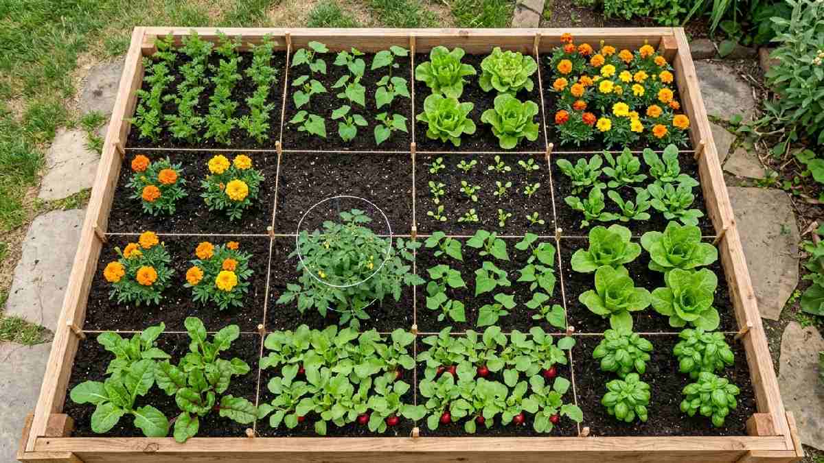 Square foot garden layout showing 4x4 raised bed divided into 16 grid squares with carrots beans lettuce tomato radishes and basil.