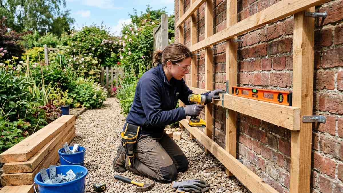 Person drilling and assembling a wooden frame structure on a wall, showing the first step of building a vertical garden wall.