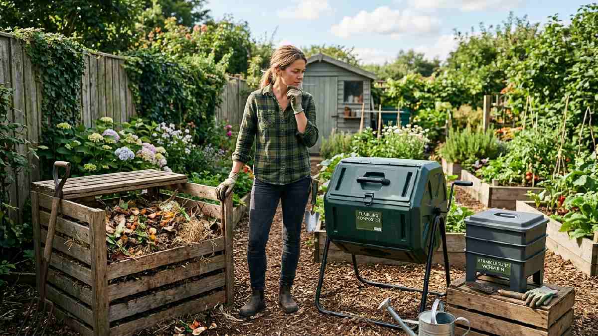 Person comparing a wooden bin, a plastic tumbler, and a worm bin in the backyard, showing how to choose a composting method, step one.
