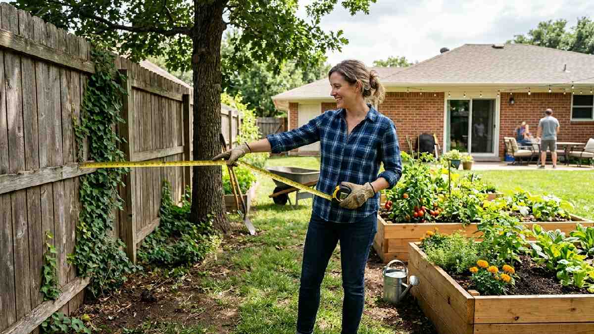 Homeowner pointing to shaded level backyard corner near garden showing how to choose the right compost bin location, step one. 