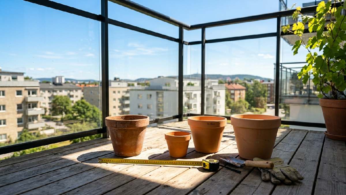  Sunny balcony corner with empty pots showing step one: choose the right location for container gardening. 