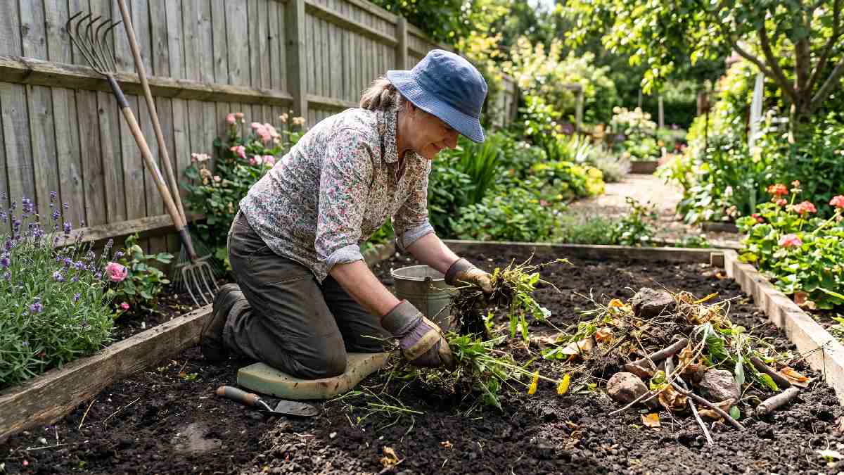 Gardener clearing rocks sticks and weeds from garden bed before using long handle cultivator to prepare clean soil for planting. 