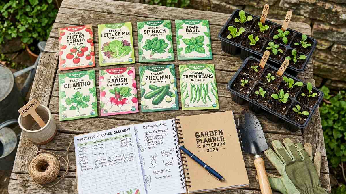 Choosing right vegetables for organic home garden showing seed packets of tomatoes lettuce spinach basil radishes zucchini beans and seedling starter trays.