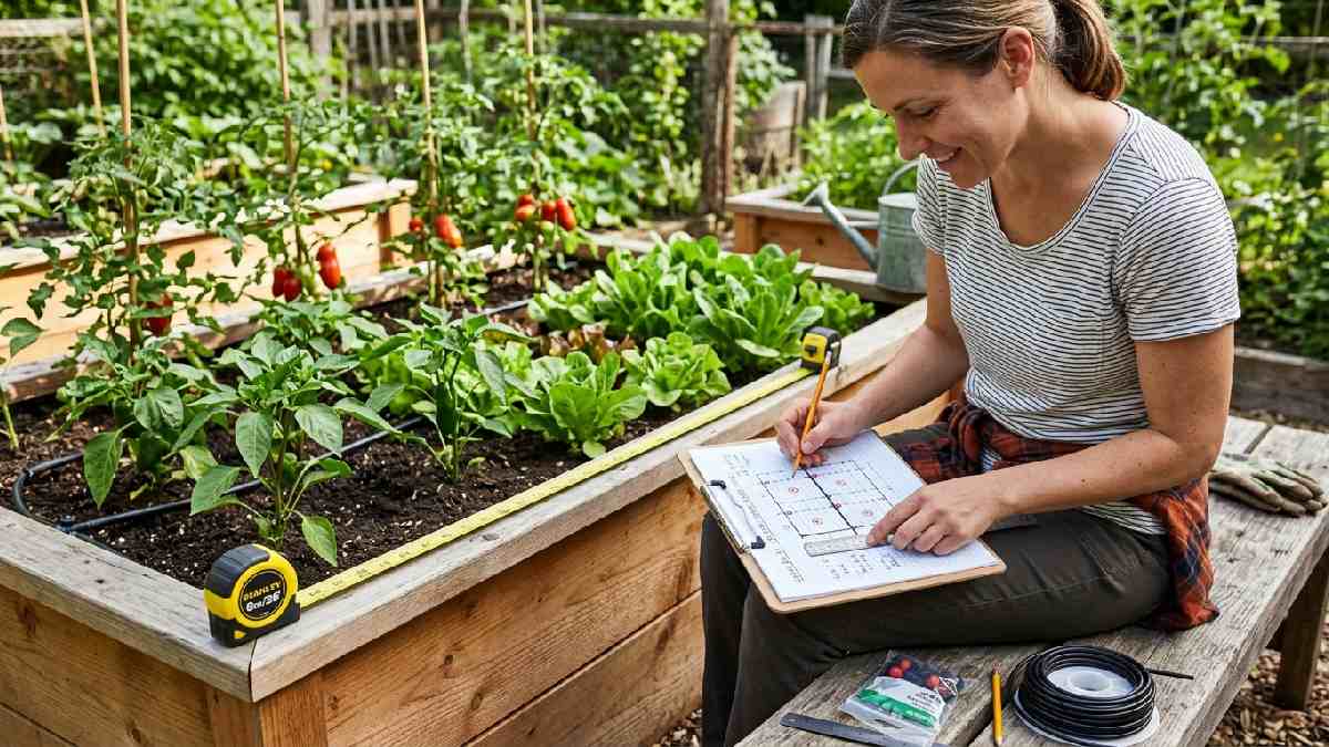 Planning garden layout for DIY drip irrigation system showing graph paper sketch, measuring tape, plant positions, drip line paths, and emitter placement plan.