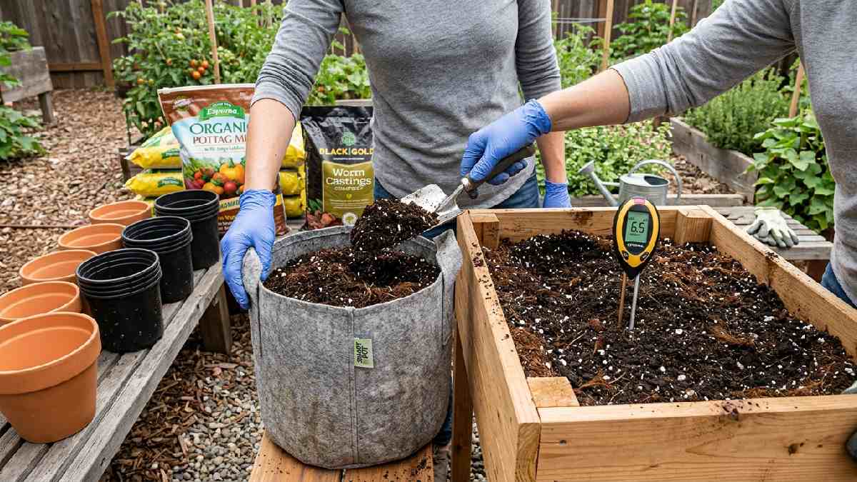 Preparing soil and containers for home food growing by filling grow bags and raised planters with dark compost coconut coir, and perlite mix.