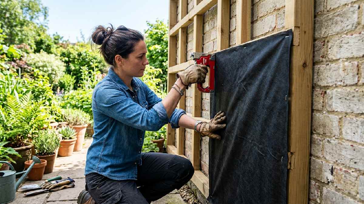 Person installing a waterproof plastic sheet on a wooden frame, showing the protective-layer step before planting a vertical garden wall.