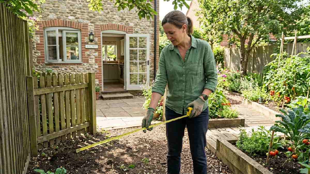 Homeowner pointing to shaded level backyard corner near garden showing how to pick the right composting location step, two.