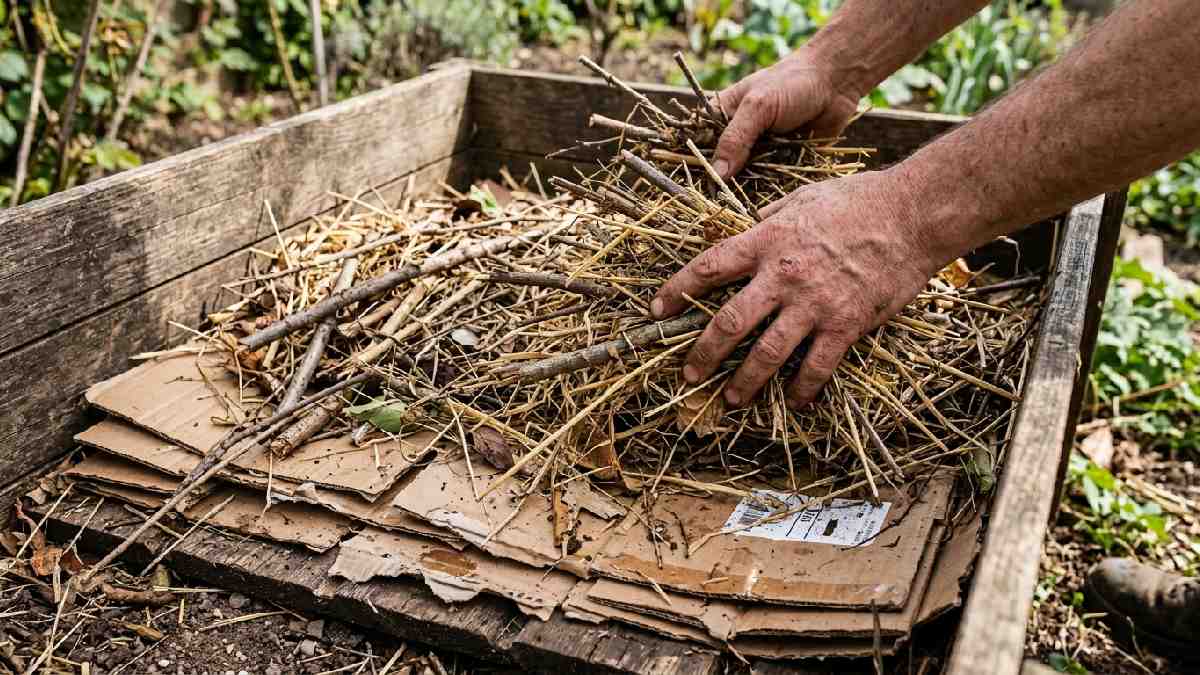 Hands spreading coarse twigs and straw at the bottom of the compost bin, showing how to prepare the base layer, step two. 