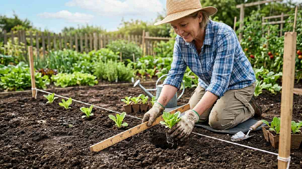 Gardener using measuring stick to space seedlings evenly in a row showing proper plant spacing technique for healthy growth. 