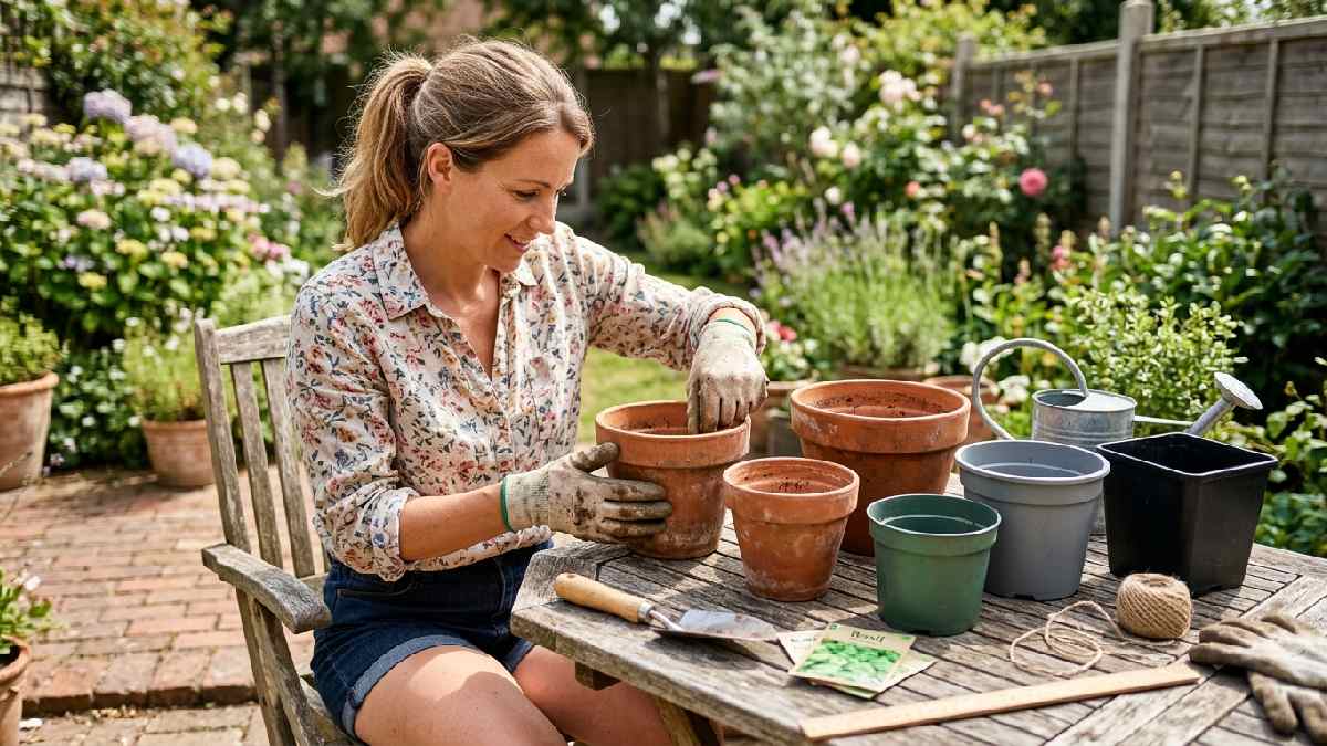 Gardener comparing terracotta and plastic pots, showing step two: select suitable containers for a home gardening setup. 
