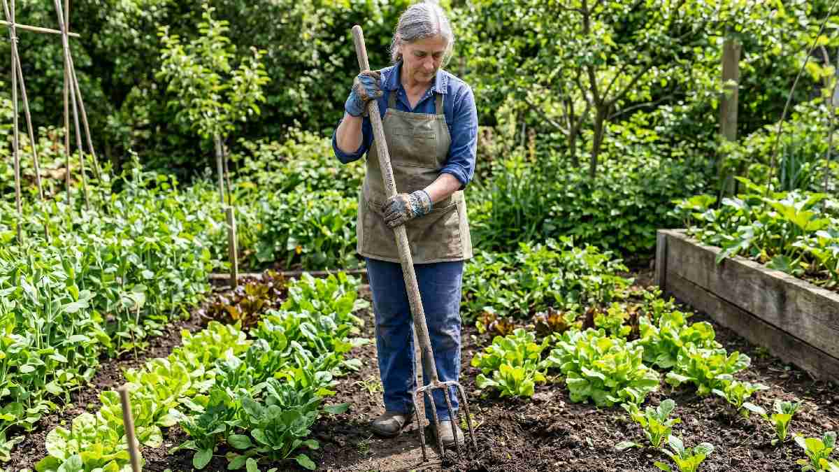 Gardener using long handle cultivator making short strokes to loosen break up and aerate dark moist soil between garden plant rows. 