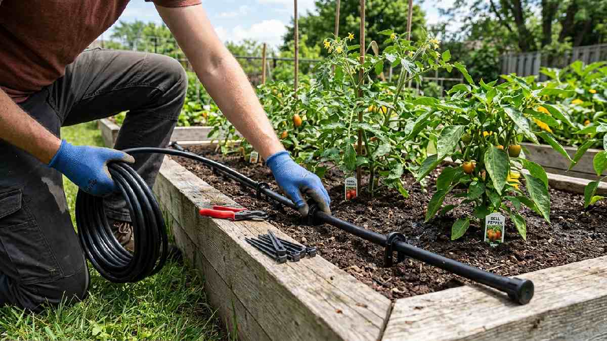 Laying main black polyethylene half-inch mainline pipe along raised garden bed secured with garden stake clips and end cap at far end.