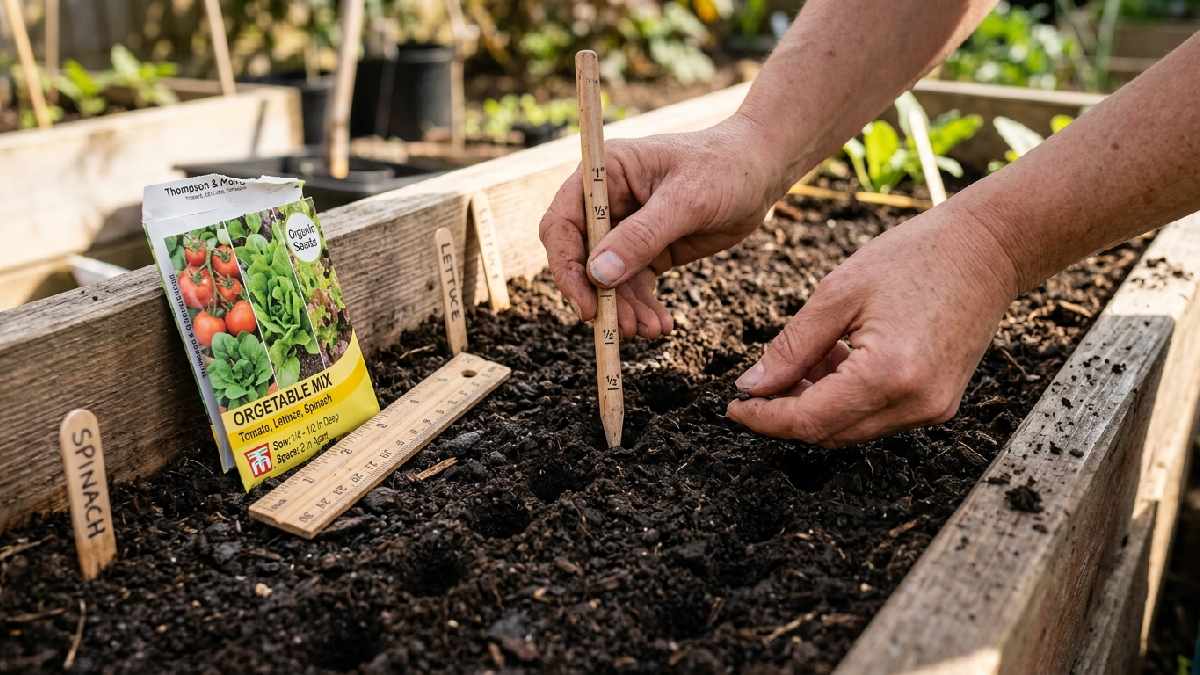 Planting seeds correctly at home, showing hands placing tomato, lettuce, and spinach seeds at the proper depth and spacing in dark, moist prepared soil.