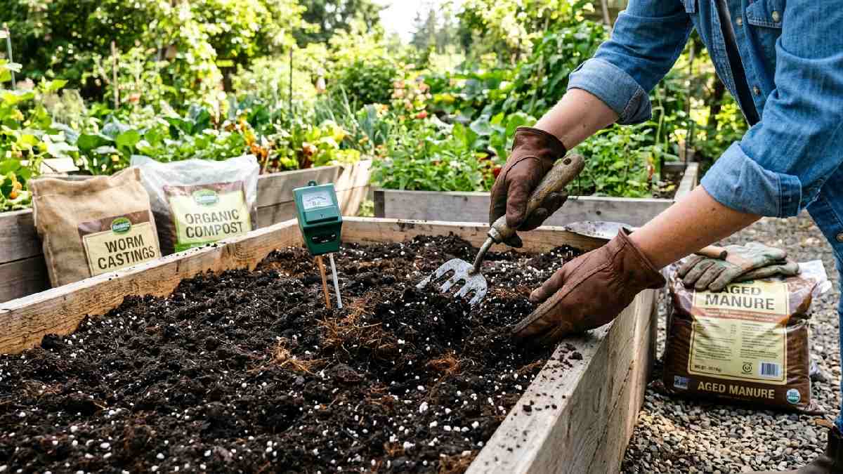 Preparing organic garden soil by mixing dark compost worm castings coconut coir and perlite in raised wooden bed with soil pH meter.