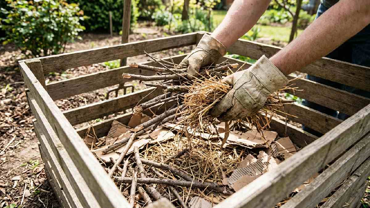 Hands placing a thick layer of dry twigs, straw, and cardboard at bottom of the compost bin, showing step three brown materials first.