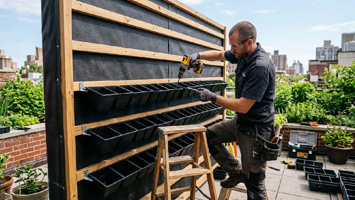  Person attaching fabric planting pockets onto wall frame showing planting system installation step for vertical garden wall. 
