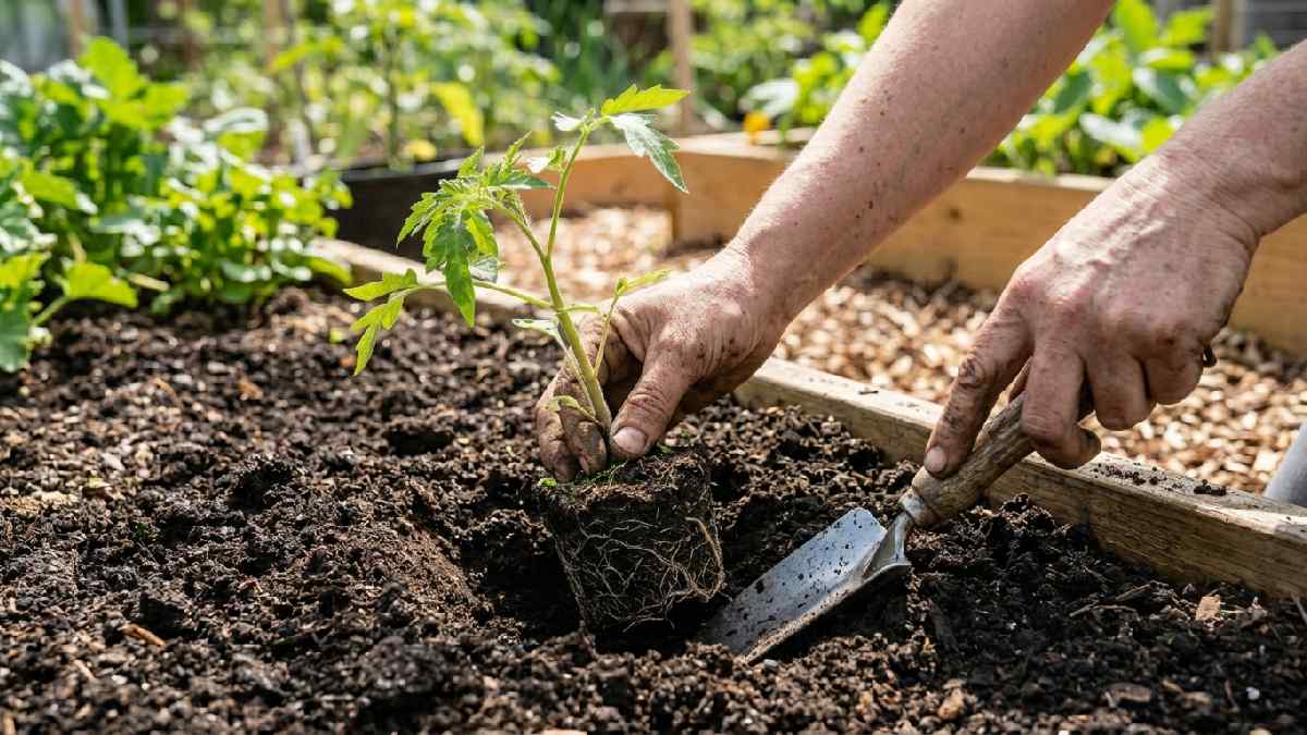 Hands using trowel to plant seedling at correct depth and pressing soil around base showing proper planting technique steps. 