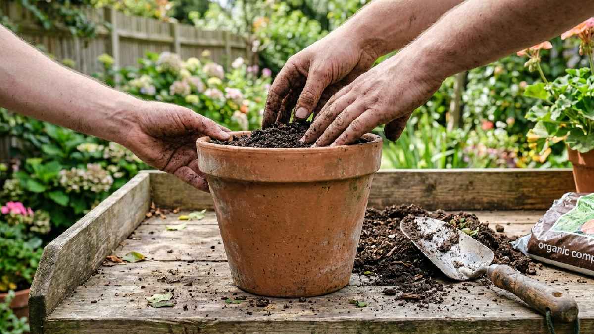  Hands filling a terracotta pot with layered potting mix, showing step three: prepare and fill soil properly. 