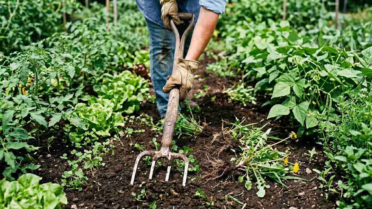 Gardener using long handle cultivator to uproot and remove weeds at root level between green vegetable plants in garden bed. 