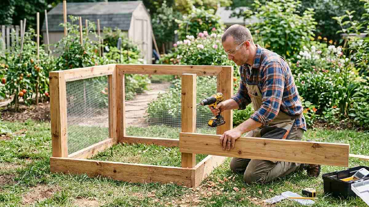 Person screwing wooden planks together with a drill and hardware cloth, showing how to set up a compost bin structure, step three. 