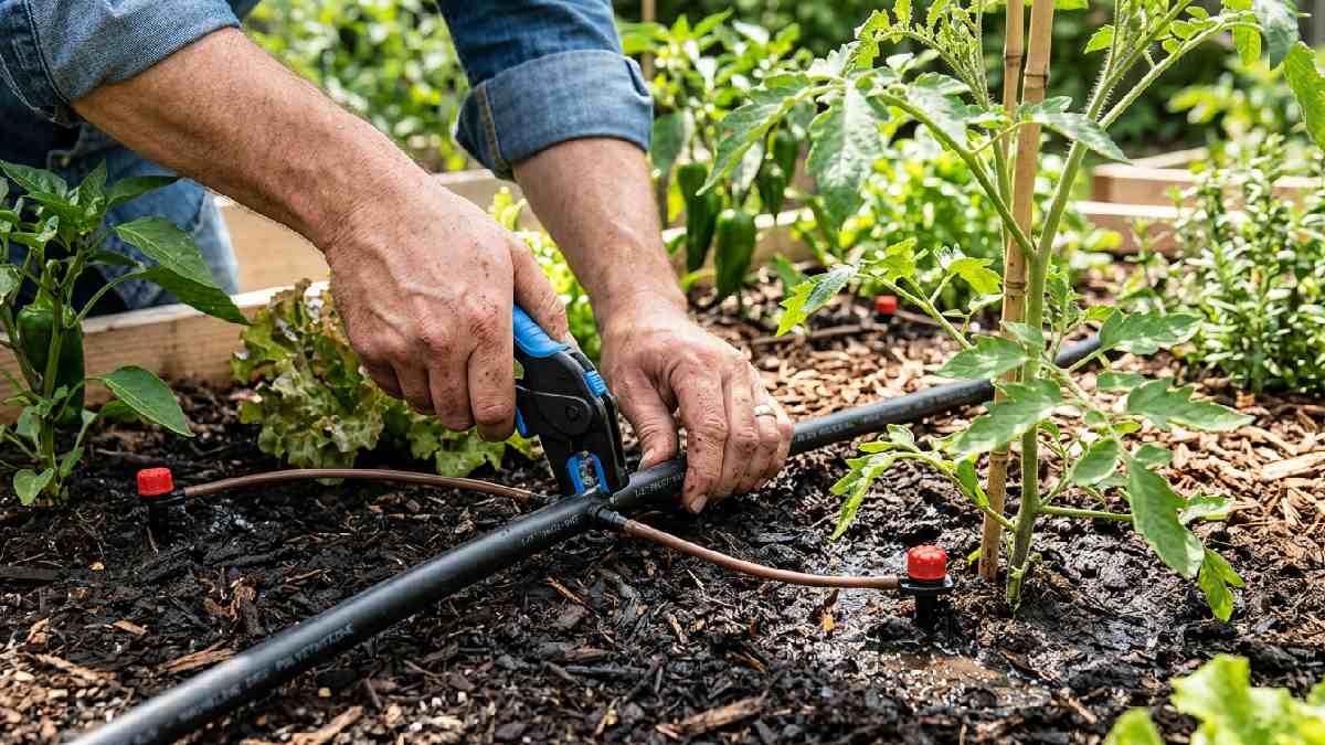 Installing drip emitter points near plants using a barbed hole punch tool, quarter-inch micro drip lines, and adjustable emitter heads at plant root zones.