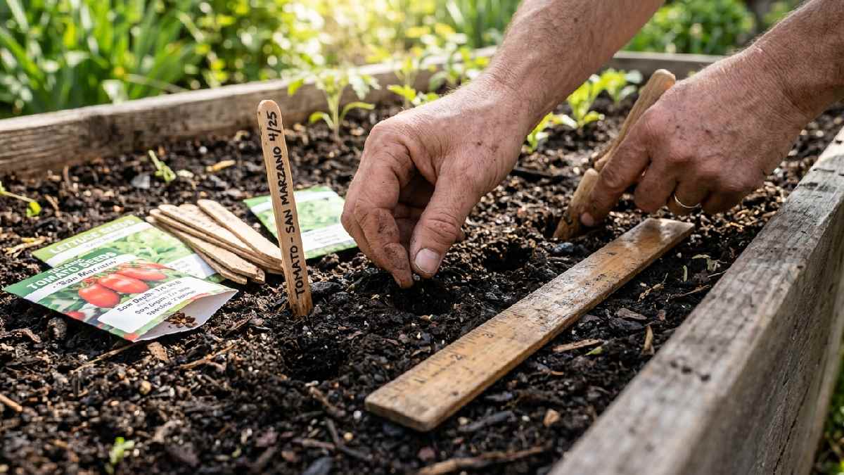 Planting organic seeds properly showing hands placing seeds at correct depth and spacing in dark moist raised bed soil with plant markers.
