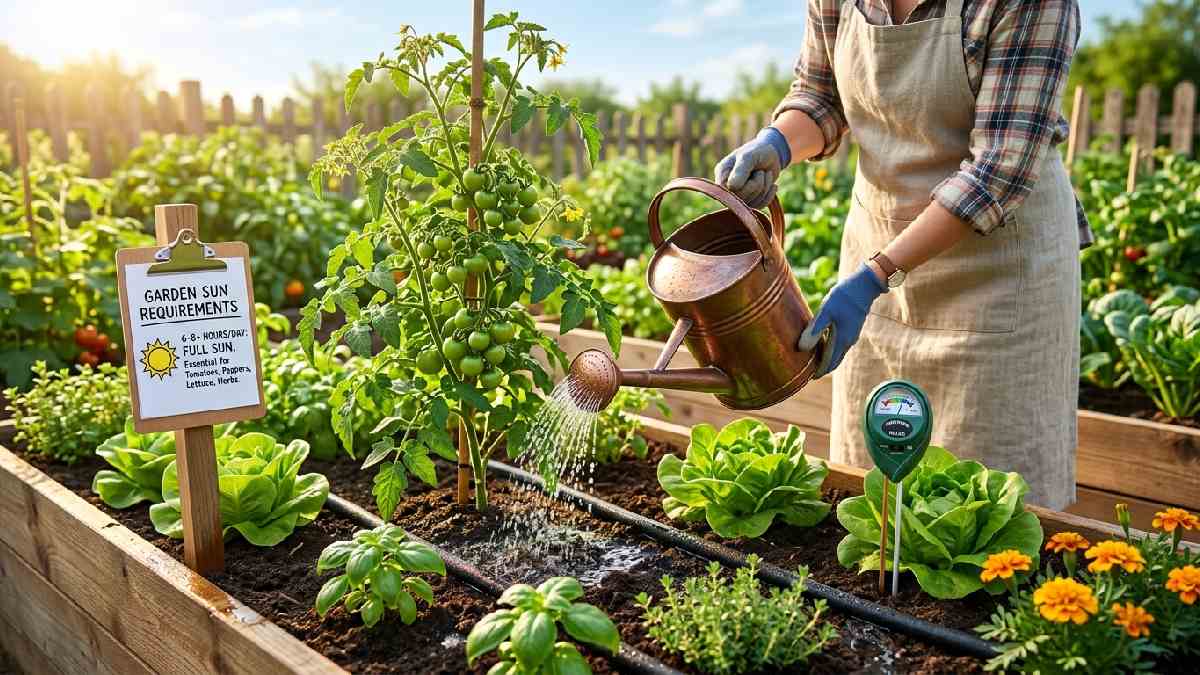 Home garden watering and sunlight requirements showing rose-head watering can, drip irrigation, soil moisture meter, and vegetables receiving six to eight hours daily sun.