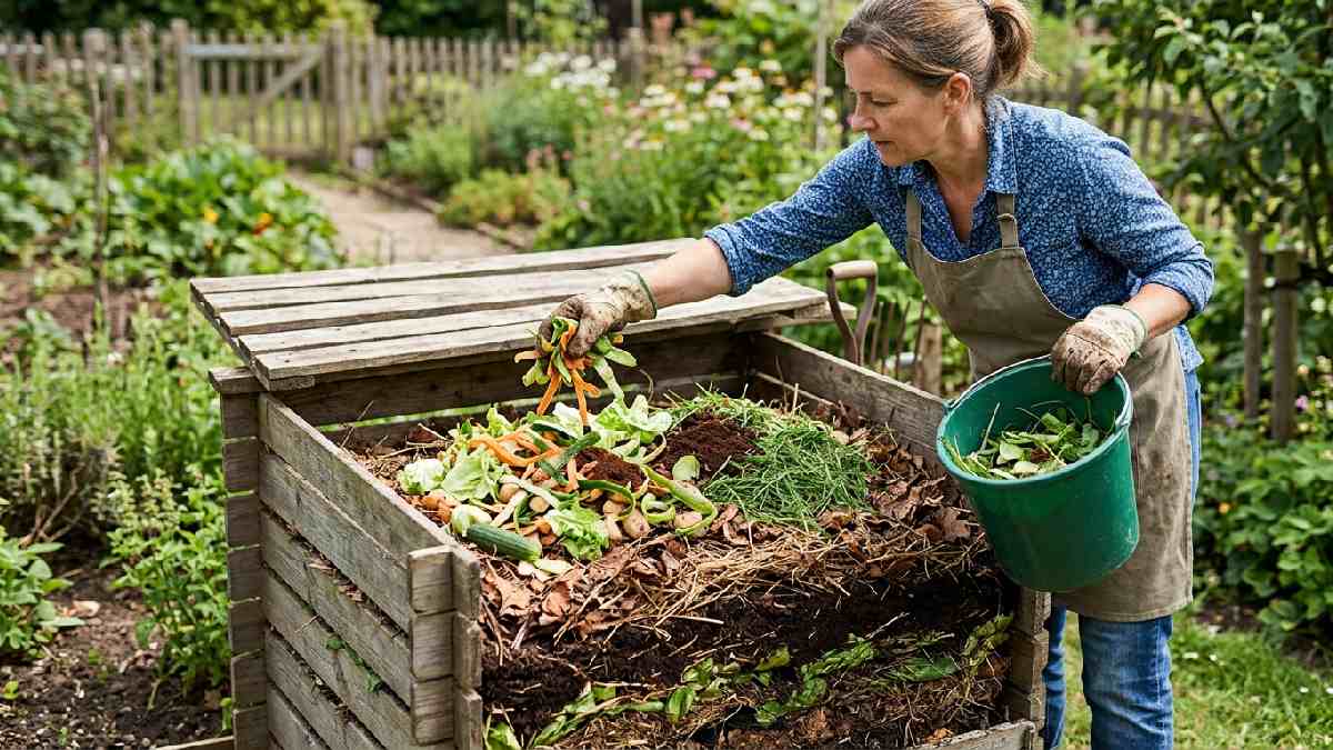 Gardener adding vegetable peels, coffee grounds, and grass clippings over a brown base layer in the compost bin, showing step four green materials.
