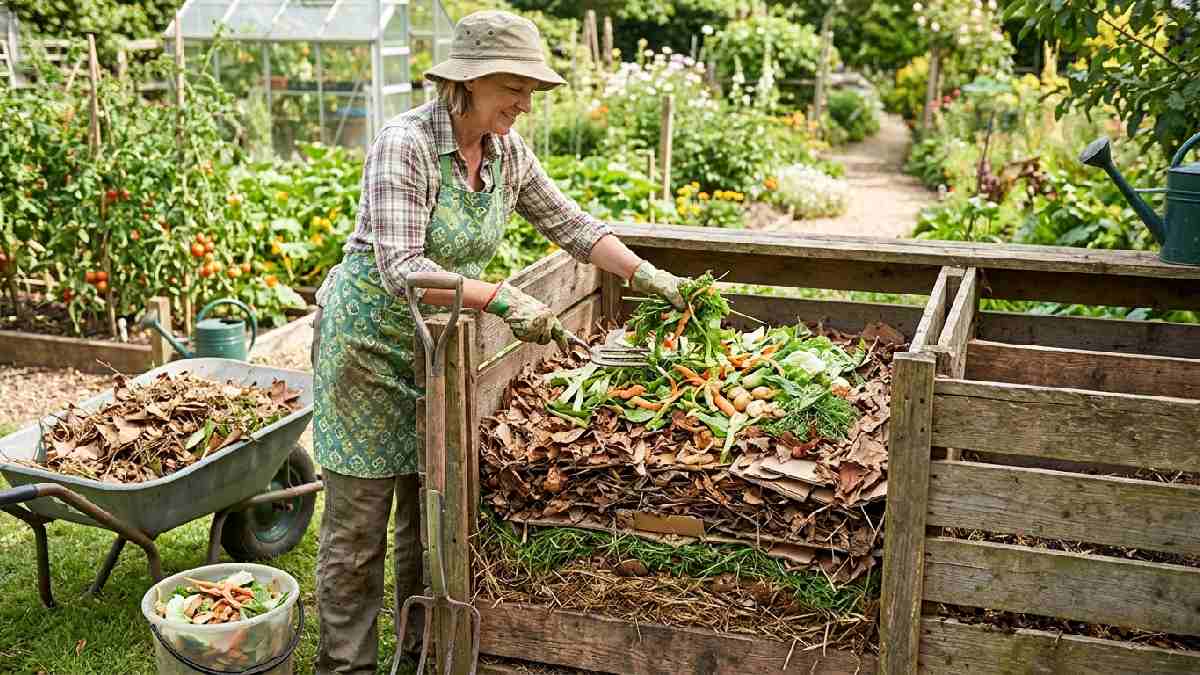 Gardener adding green vegetable scraps over brown dry leaves in compost bin, showing how to layer green and brown waste, step four. 