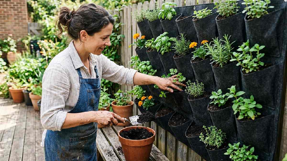 Person filling wall pockets with soil and planting seedlings showing the planting step of building a vertical garden wall. 