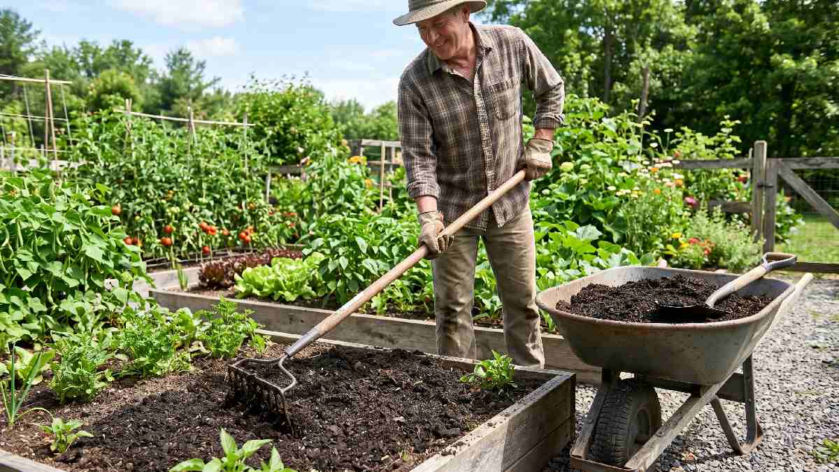 Gardener using long handle cultivator to mix dark compost evenly into garden soil beside wheelbarrow for healthy nutrient rich planting bed. 