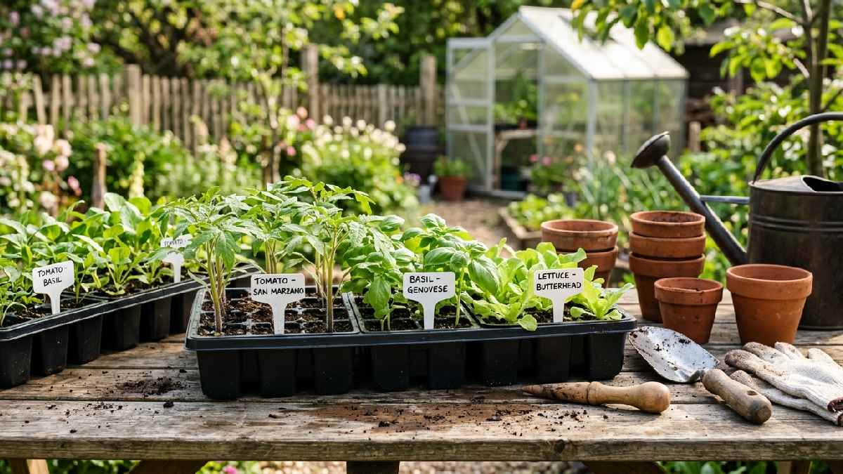 Tomato basil and lettuce seedlings in trays showing step four: pick beginner-friendly plants for containers. 