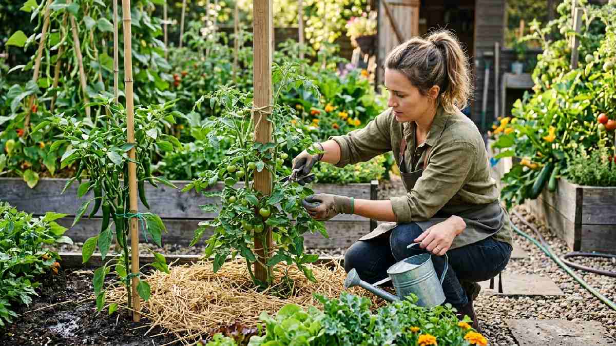 Caring for home garden plants, showing, pruning tomatoes, staking peppers, adding mulch, applying organic fertilizer, and inspecting leaves for pests as they grow.