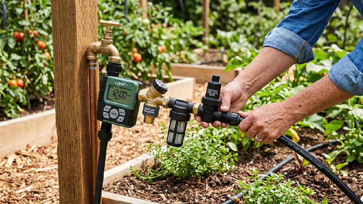 Connecting DIY drip irrigation water source showing automatic timer, backflow preventer, inline filter, pressure regulator, and mainline tubing attached to outdoor garden tap.