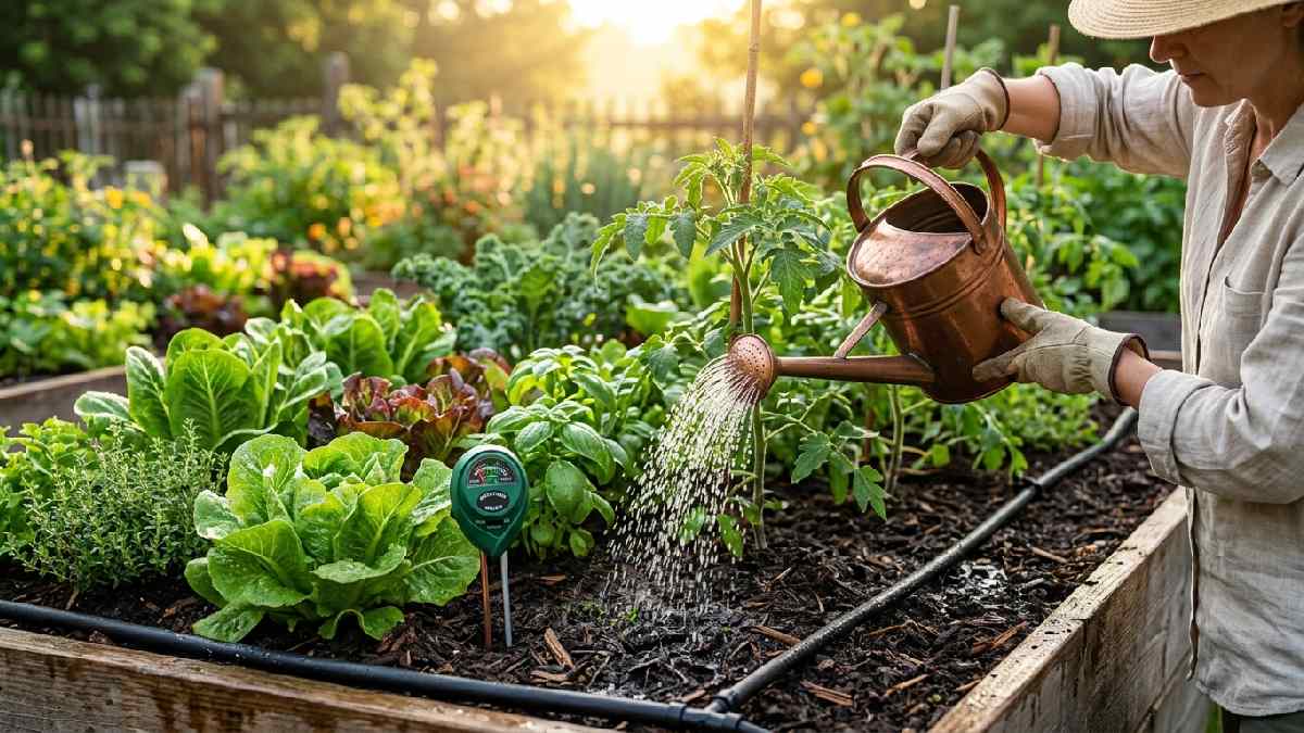 Organic garden watering techniques showing gentle rose-head watering can drip irrigation soaker hose and soil moisture meter for correct base watering.